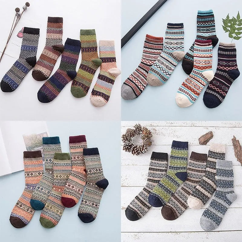 Winter thick warm stripe wool socks rabbit wool blend 5 pairs set in assorted colours