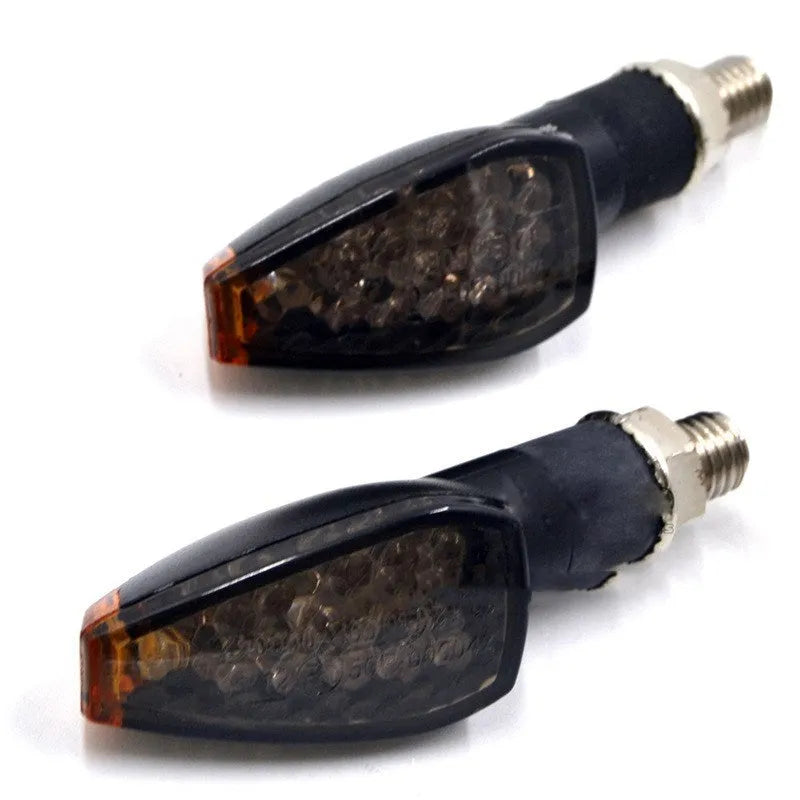 14 LED motorcycle turn signal with black engineering plastic shell, smoked lens, 12V, 10mm thread, amber yellow light