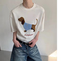 Grey men's cotton T-shirt with an embroidered sausage dog design on the front.