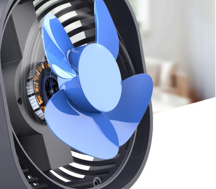 USB-powered desk fan with 360-degree rotation in a modern simple style, shown in blue.
