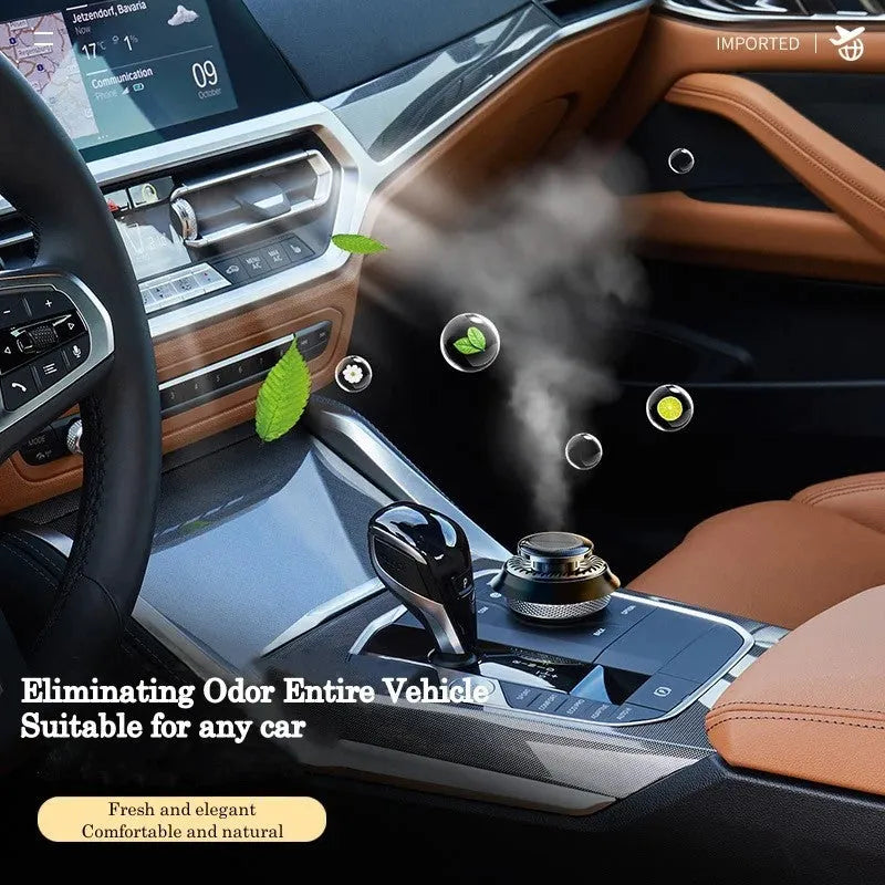 Solar-powered kinetic car air freshener with double ring rotating mechanism on car dashboard