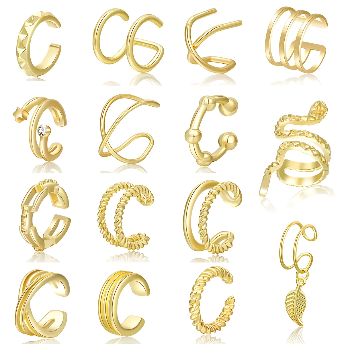 15-piece gold clip-on earring set with geometric round and ring shapes on white background