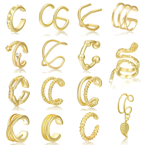 15-piece gold clip-on earring set with geometric round and ring shapes on white background