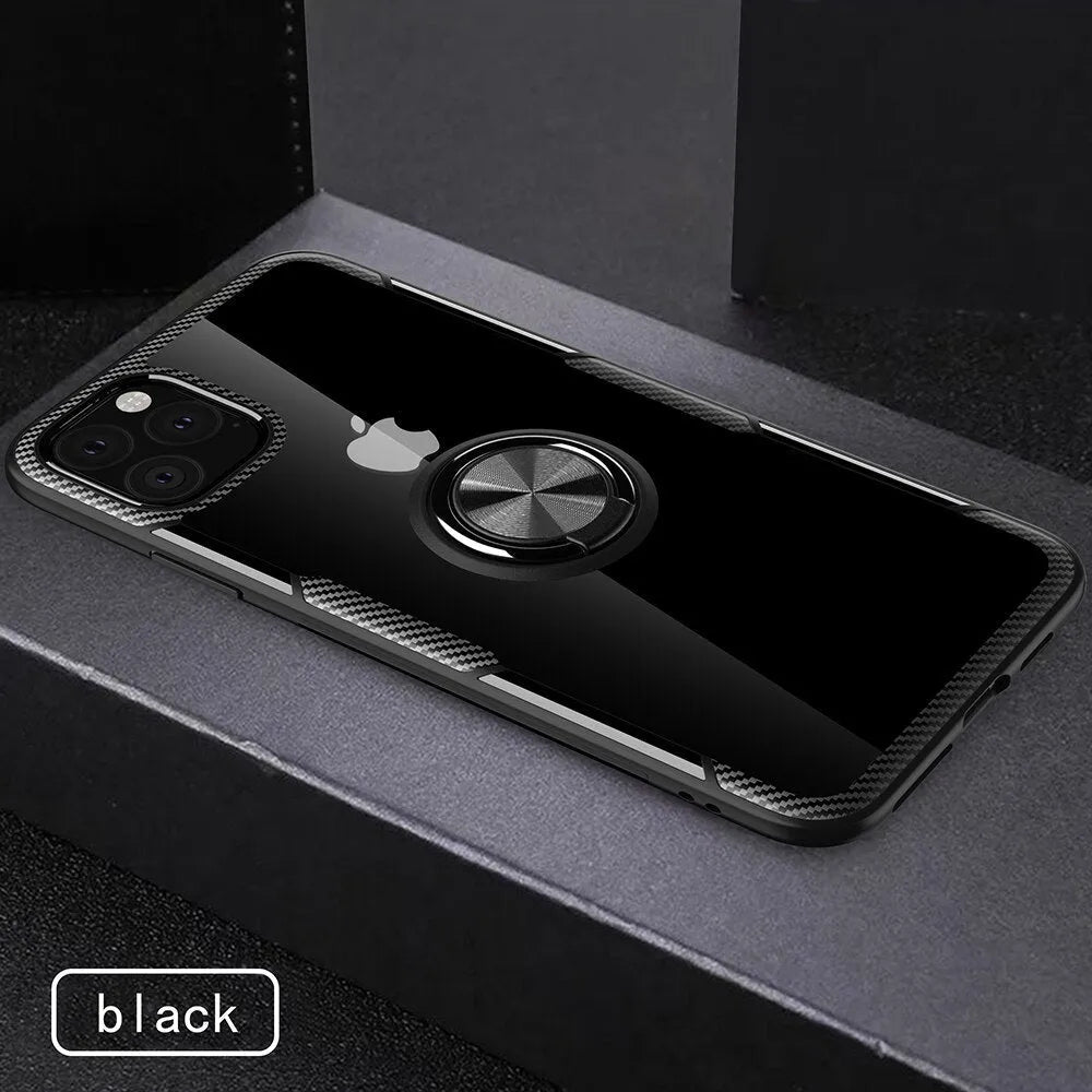 Black PU leather iPhone case with a detachable car holder attached, shown next to an iPhone model.