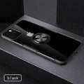 Black PU leather iPhone case with a detachable car holder attached, shown next to an iPhone model.