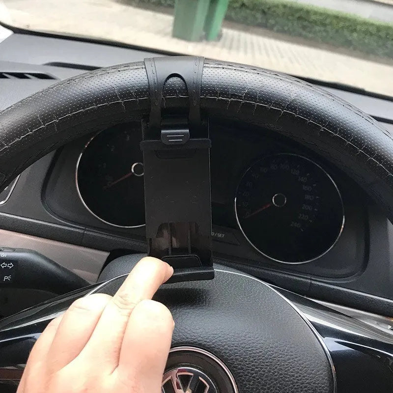 Black universal steering wheel phone clip mount holder showing phone compatibility.