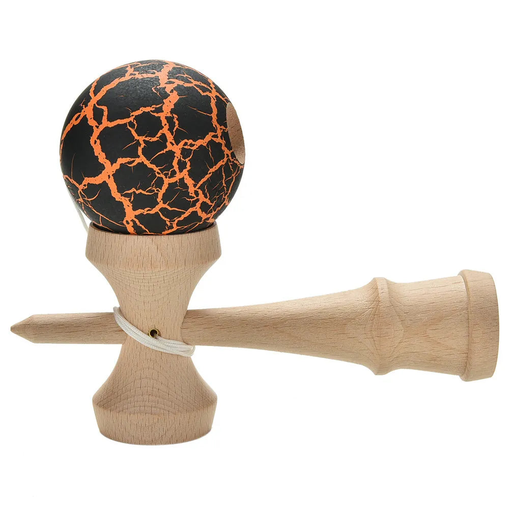 Bamboo kendama toy with crack pattern, 18.5cm wooden handle, 5.5cm ball, and seven colour options