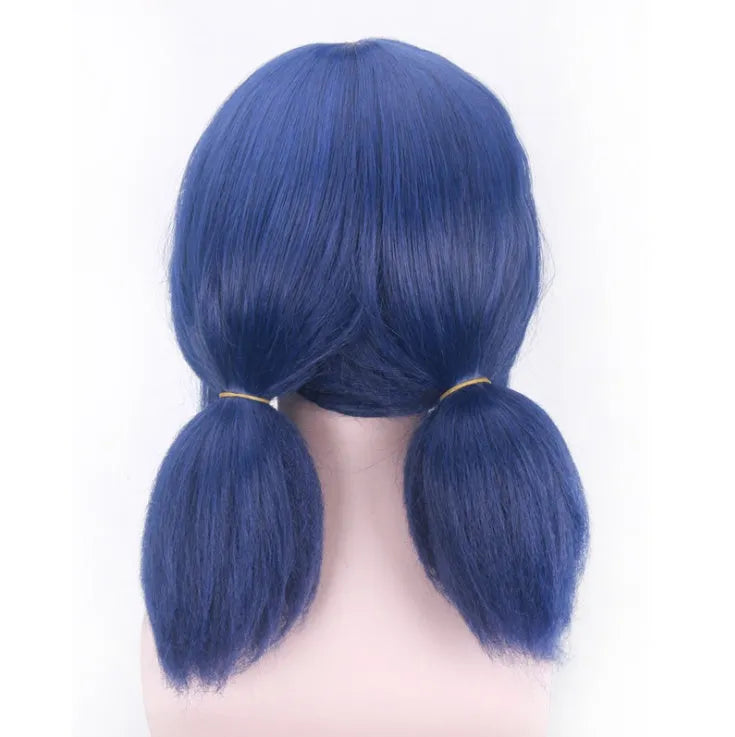 Mixed blue 35cm cosplay wig on stand with breathable inner net and adjustable buckle