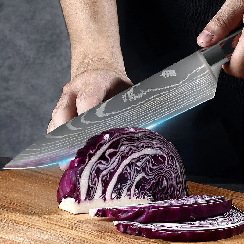 Chef knife with laser Damascus pattern blade and colour steel handle, 30cm long.