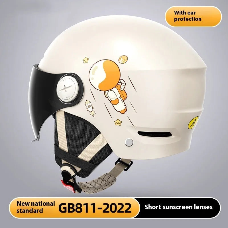 Khaki coloured electric motorcycle half helmet with interchangeable glasses options for commuting