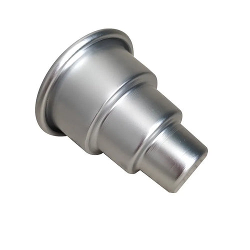 Three silver aluminium alloy cake moulds in large, medium and small sizes for tiered baking