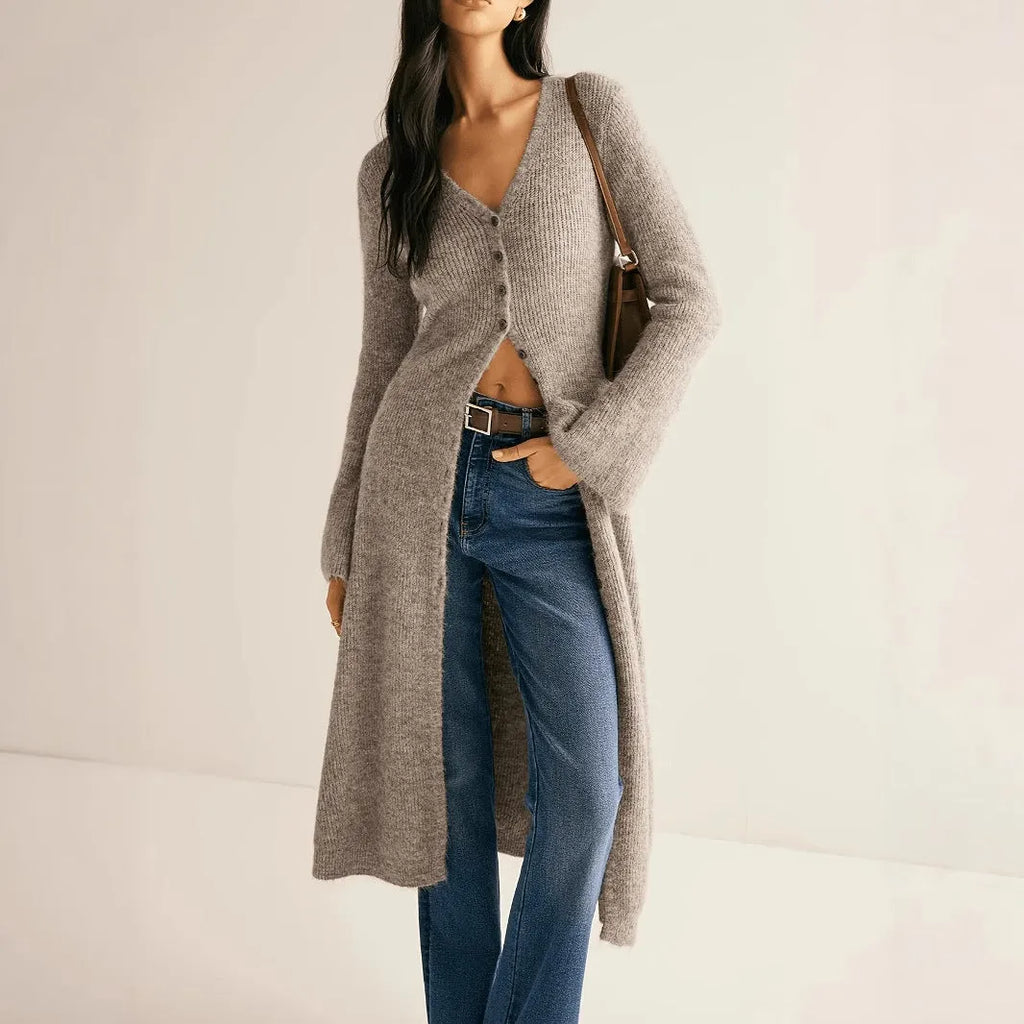 Khaki coloured long sleeve womens cardigan coat with button front in a French retro style.