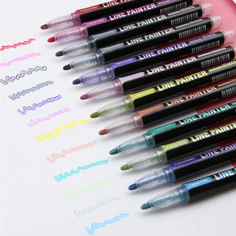 12 colour double line outline metal pens with plastic tips for 1mm-2mm line width marking