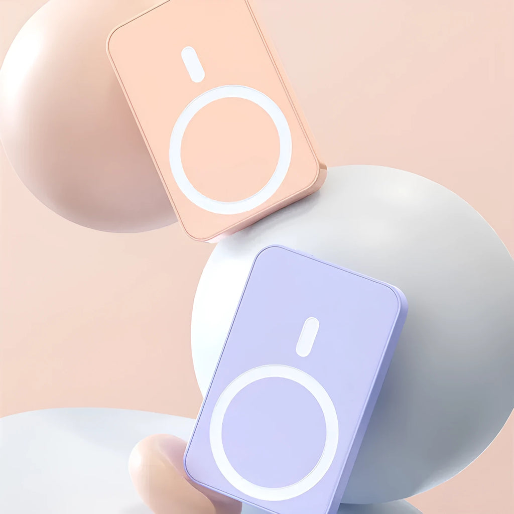 Pink magnetic wireless power bank showing dimensions and 20000mAh capacity
