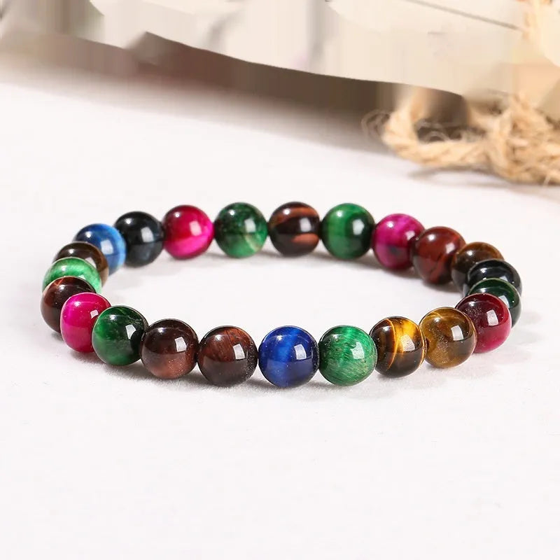 Colourful tiger-eye stone bead bracelet for women with round beads on a mixed string.