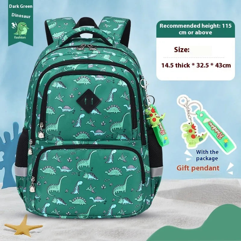 Blue dinosaur pattern children's waterproof school backpack with curved shoulder straps.