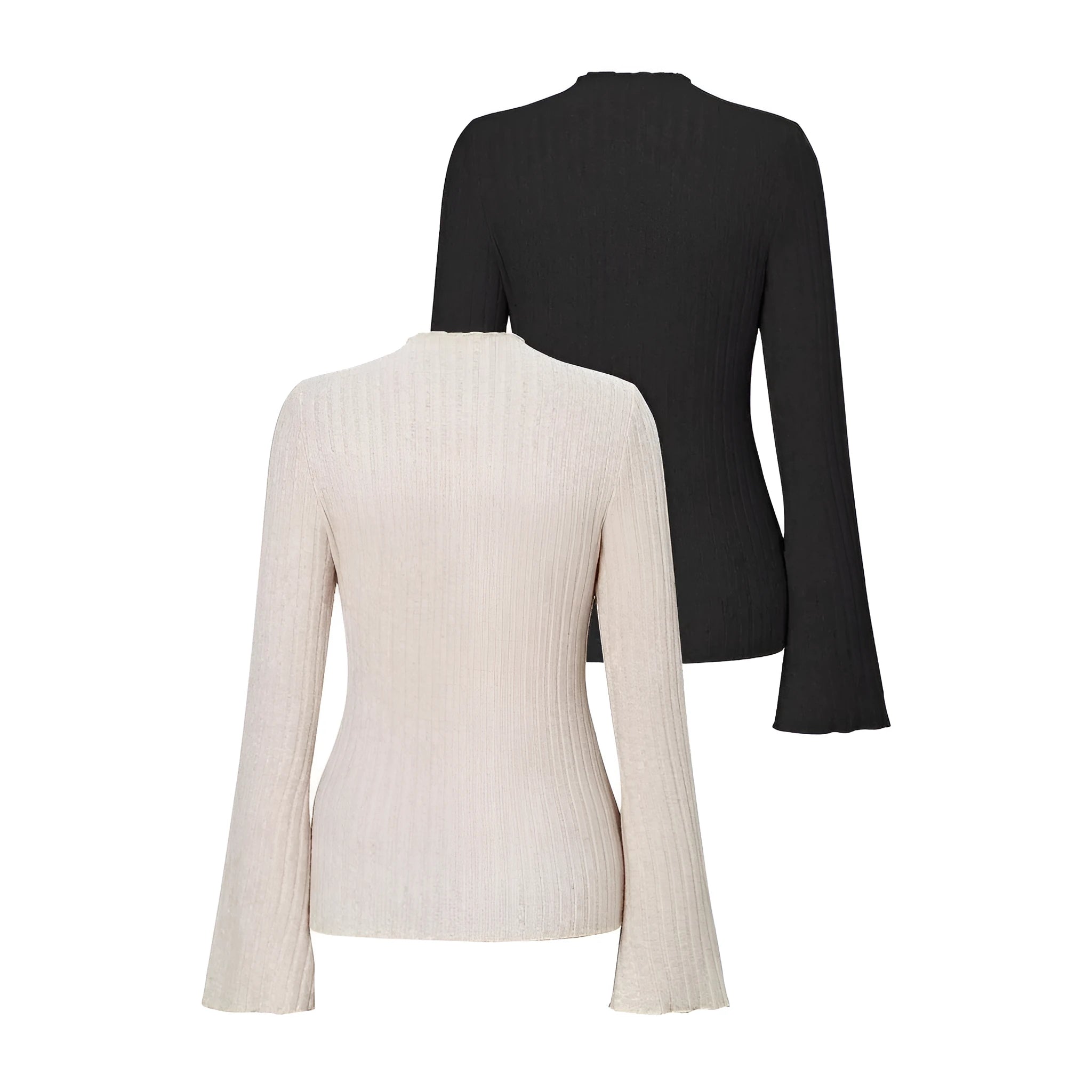 Long sleeve round neck pullover in black with lantern sleeves and a subtle sunken stripe pattern.