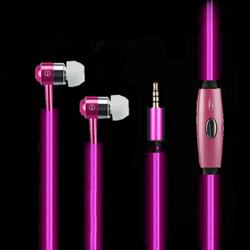 Blue light-up LED earphones with remote microphone and 3.5mm plug, compatible with iPhone.