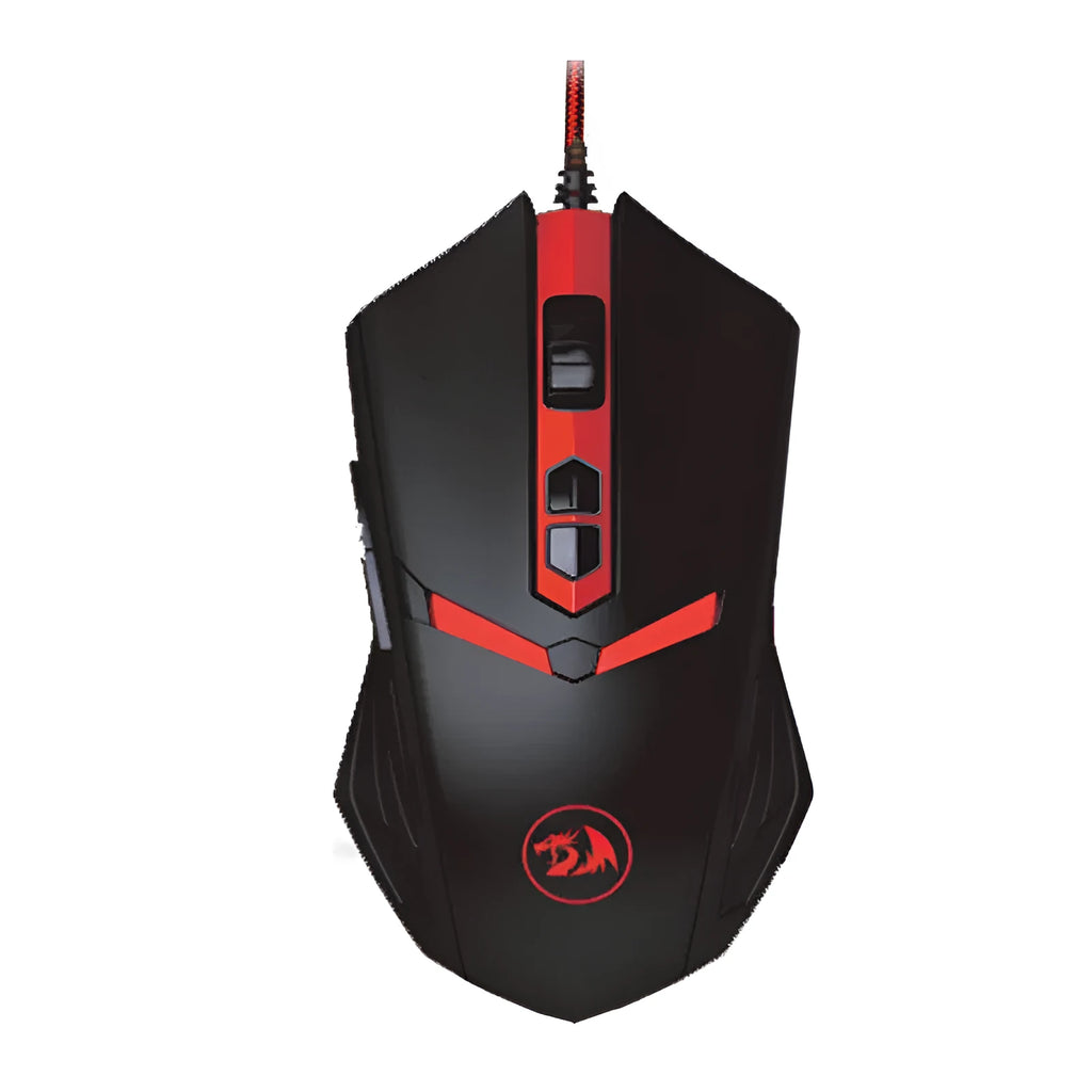 Black and red USB wired optical gaming mouse with ergonomic shape on a desk