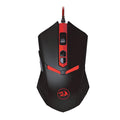 Black and red USB wired optical gaming mouse with ergonomic shape on a desk