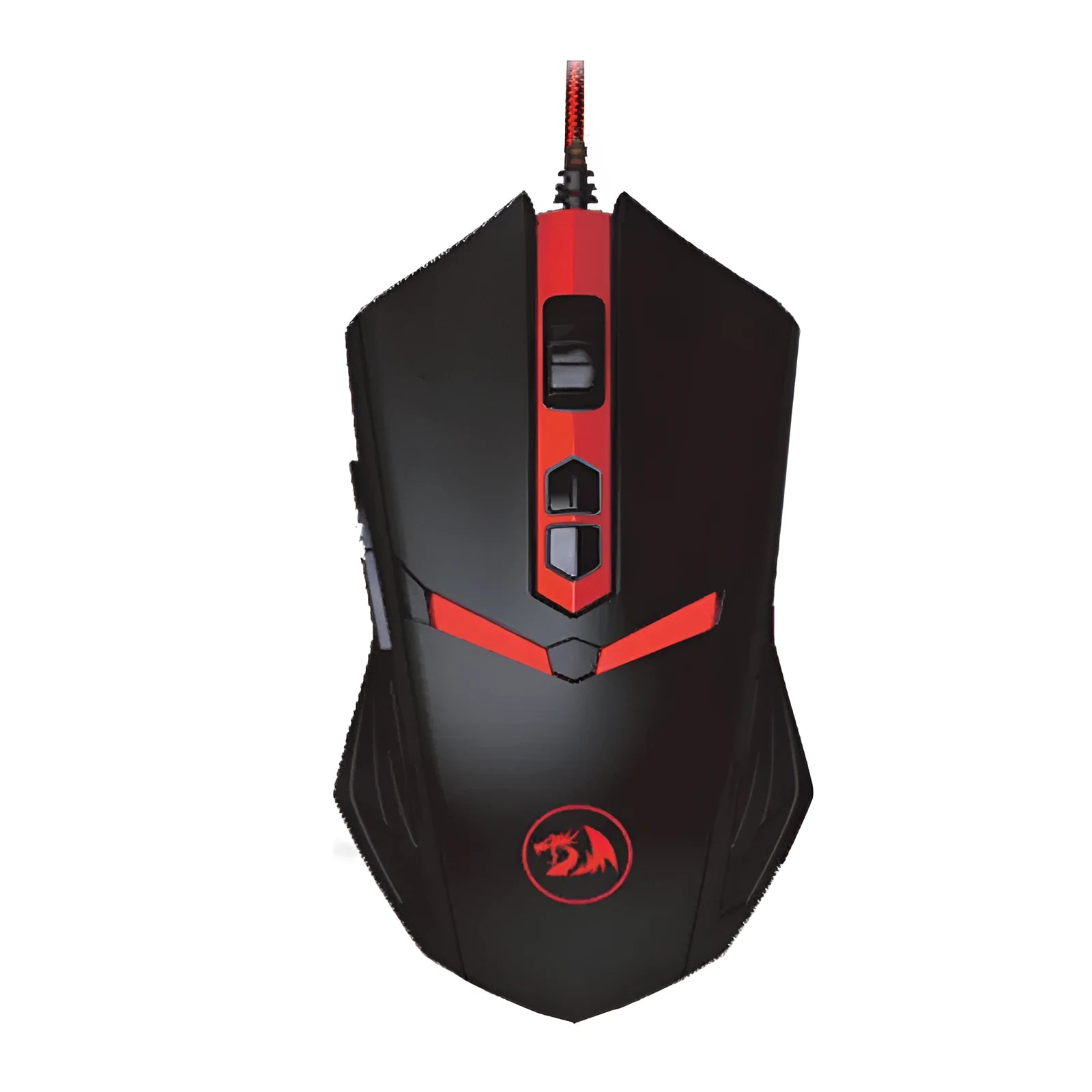 Black and red USB wired optical gaming mouse with ergonomic shape on a desk