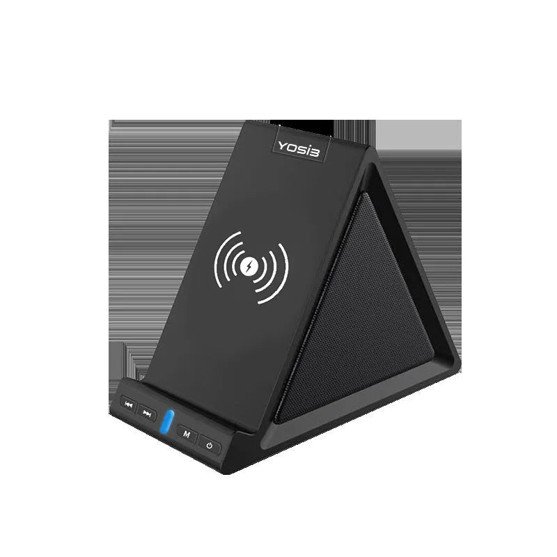 Black multifunctional Bluetooth speaker with built-in power bank and phone stand, showing front and side views.