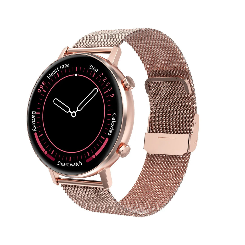 DT96 smart fitness tracker bracelet with stainless steel strap on wrist, showing 1.3-inch colour screen displaying time and heart rate