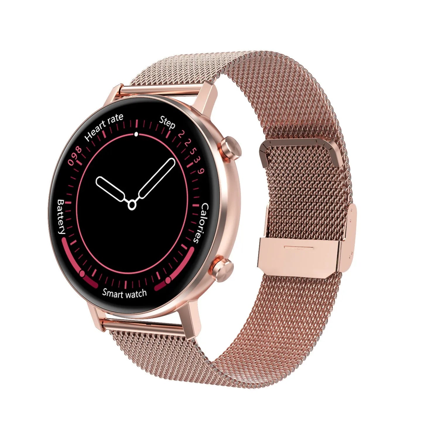 DT96 smart fitness tracker bracelet with stainless steel strap on wrist, showing 1.3-inch colour screen displaying time and heart rate
