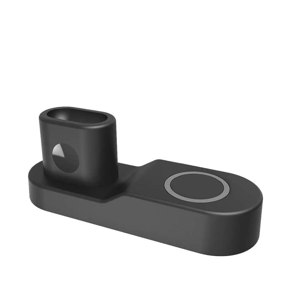 W3 wireless charging station showing phone, Apple Watch and earphones charging simultaneously on a black unit.