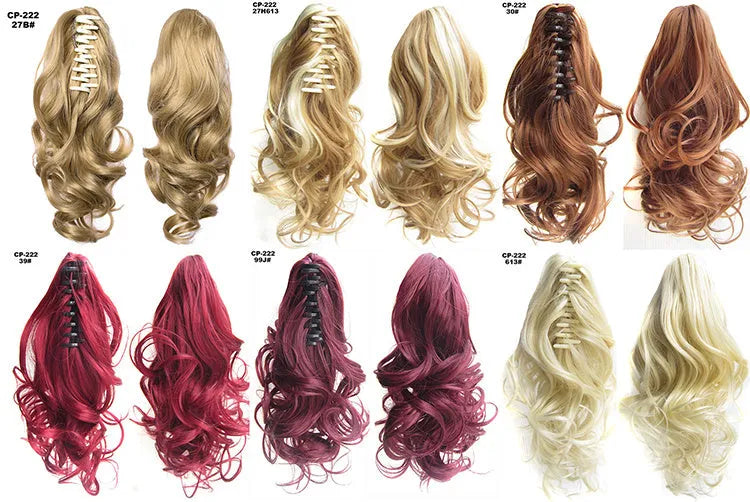 Long wave ponytail wrap-around clip in gray synthetic hairpiece with natural wave texture