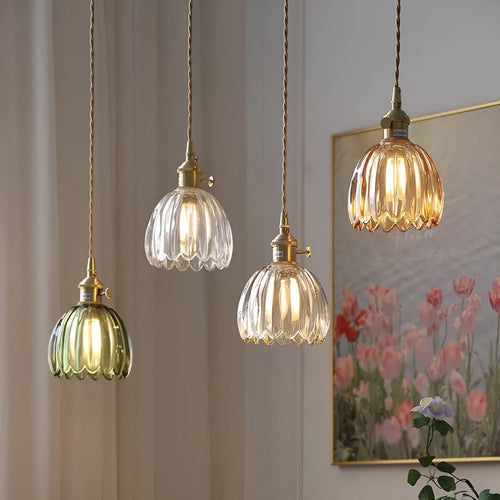 Nordic style bedside chandelier with a vintage glass flower shade in a choice of five colours.