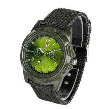 Cloth belt weaving military watch with quartz movement 40.5mm round dial and textile strap on display