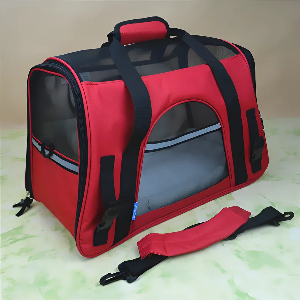 Breathable portable pet handbag made of 600D oxford cloth, nylon mesh and lamb cashmere for small dogs and cats.