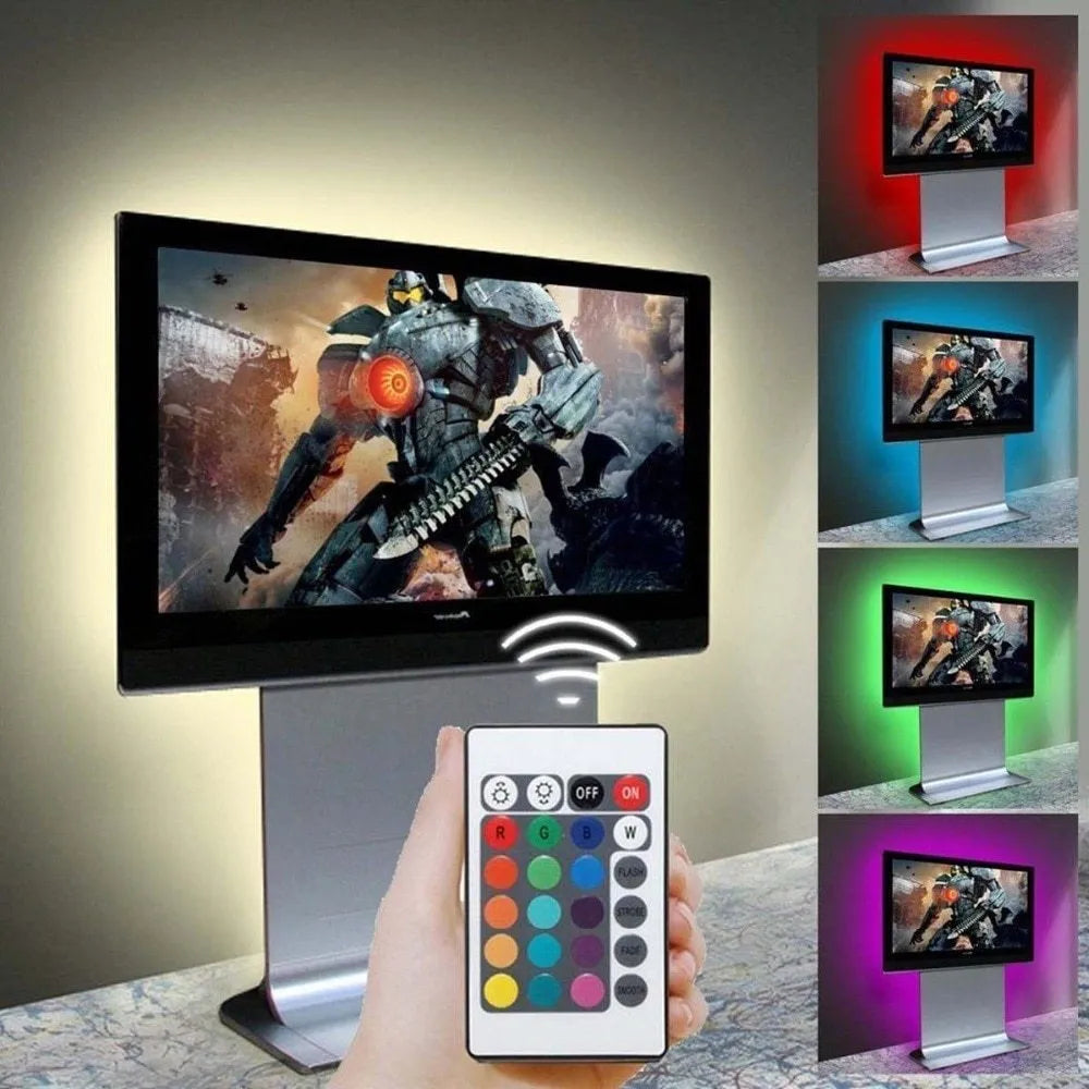 1 metre USB LED light strip showing white, blue, warm white, red, polychromatic, and green colour options