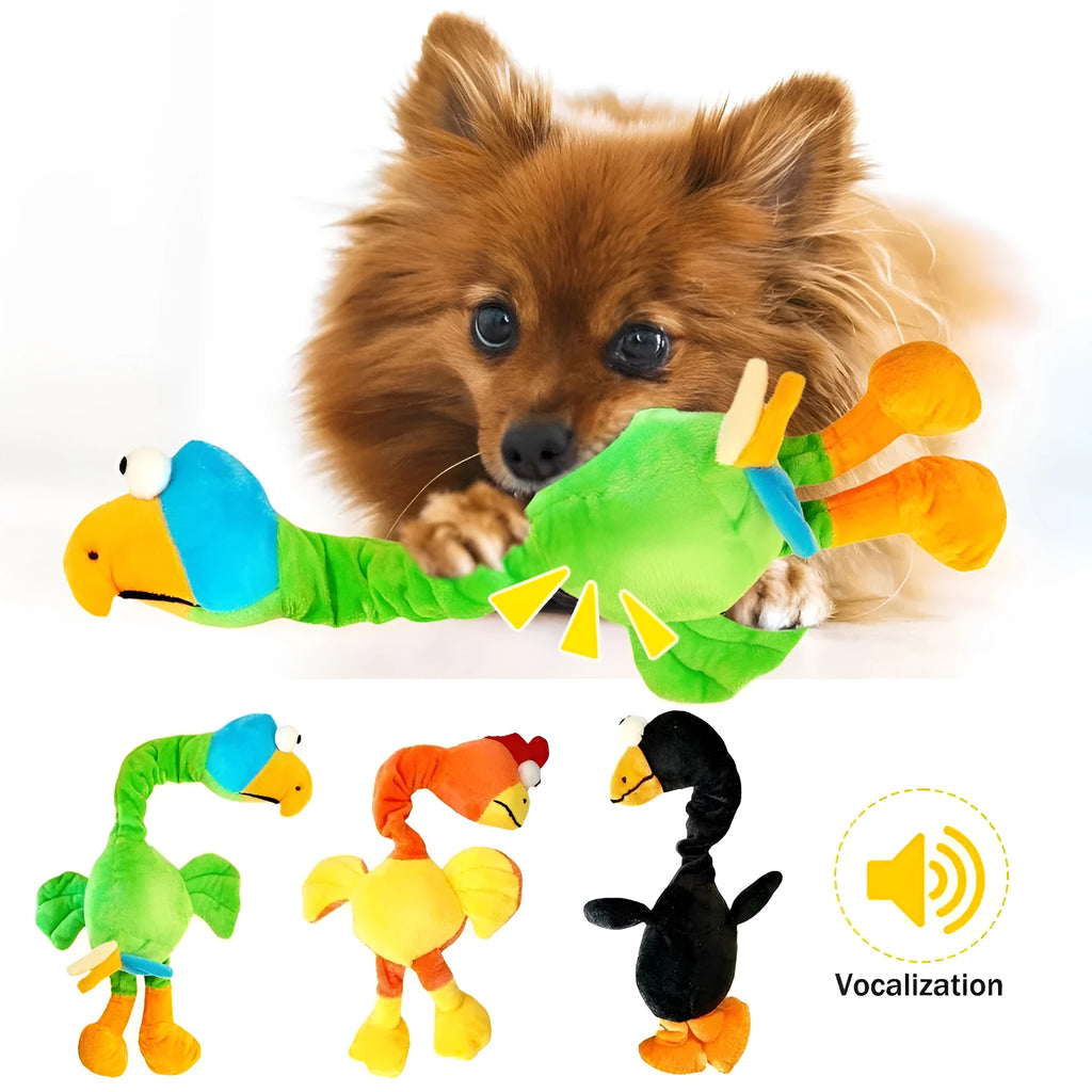 Chicken-shaped plush dog toy with screaming sound and squeaky function in black, green or orange colours