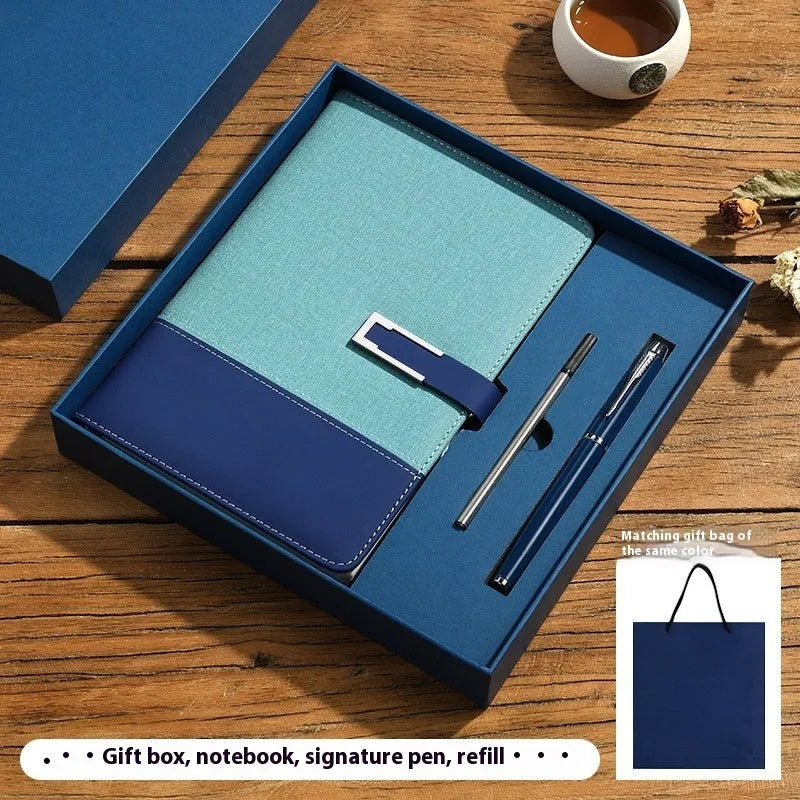 A5 leather notebook in choice of colours with gift box, open to show wood-free paper.
