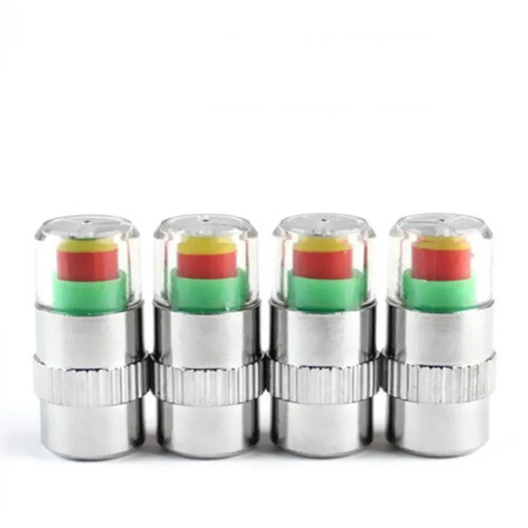 Set of four silver plastic and alloy mini tyre pressure warning caps with double explicit display