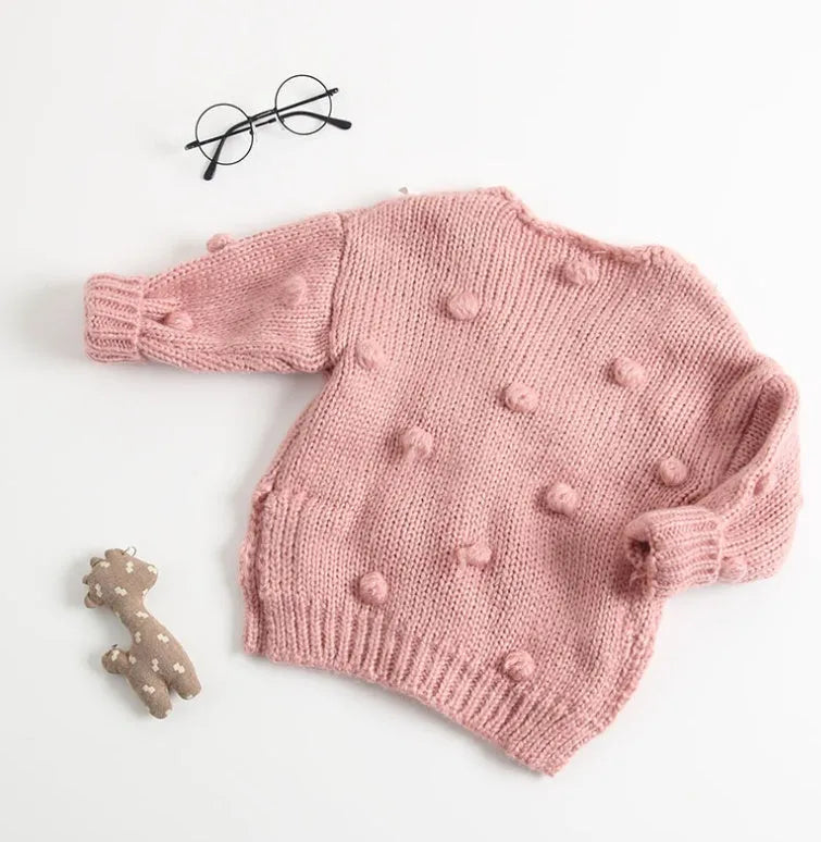 Baby girl soft knit pullover sweater in brown pink and yellow colours for toddlers sized 73cm to 100cm
