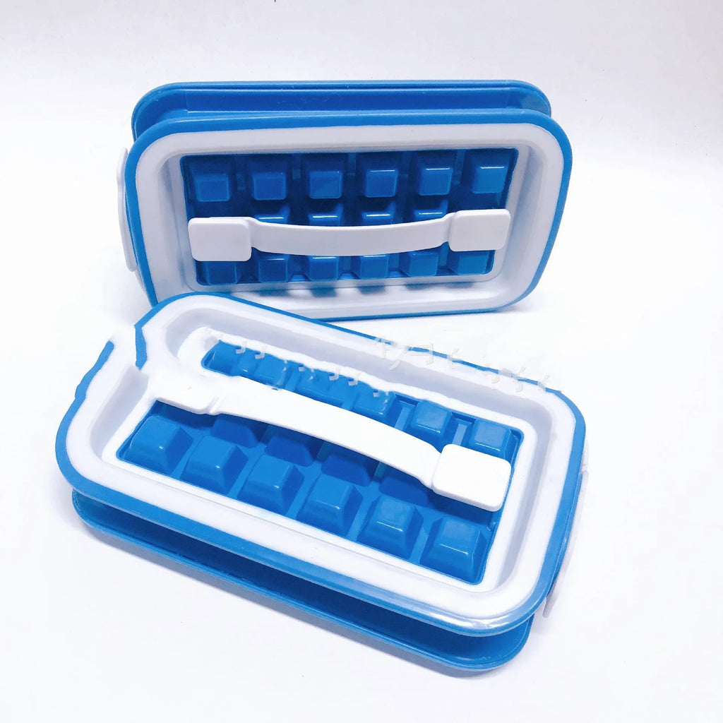 Blue silicone ice cube tray with 36 grids on a white background showing lid and one removed cube