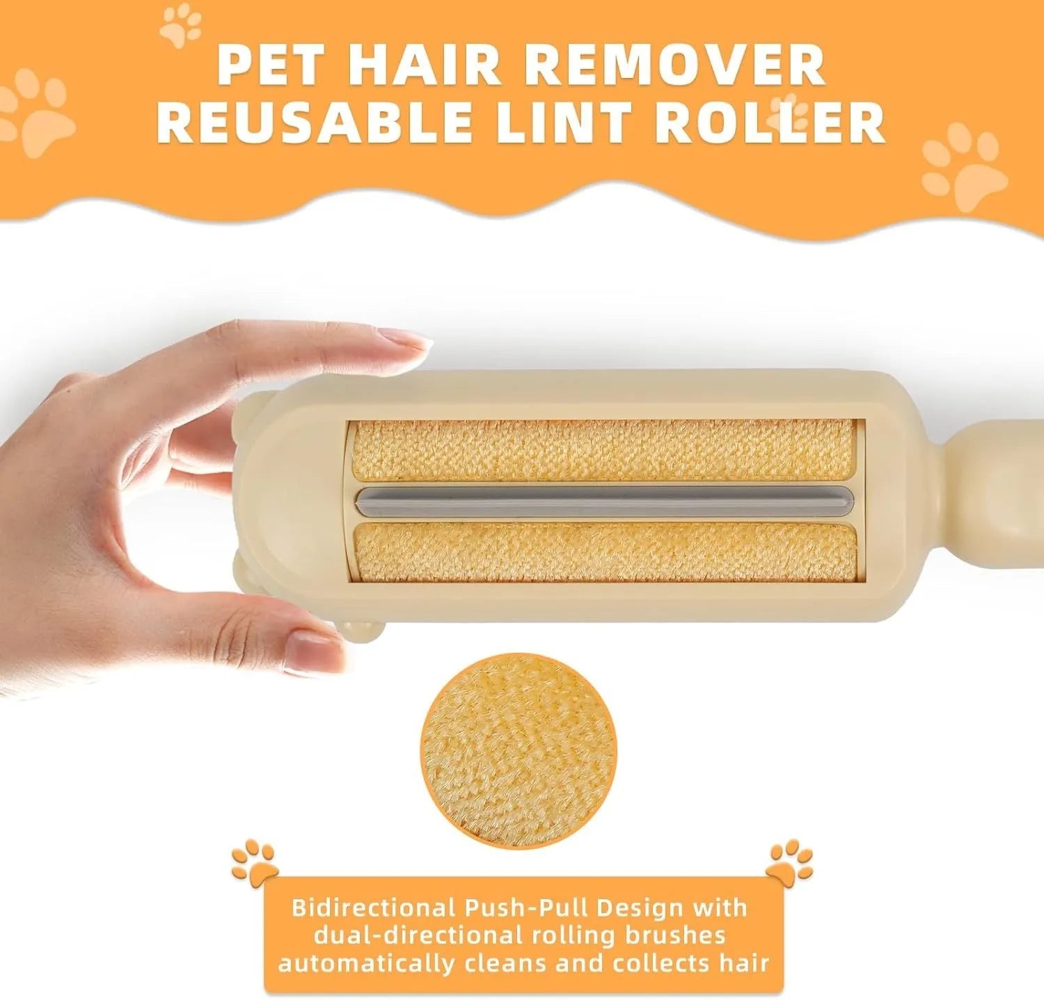 Blue reusable pet hair remover tool with a self-cleaning base on a fabric sofa.