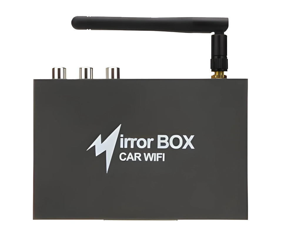 Black car mirror link box host unit with connecting AV cable, power cable, and antenna.