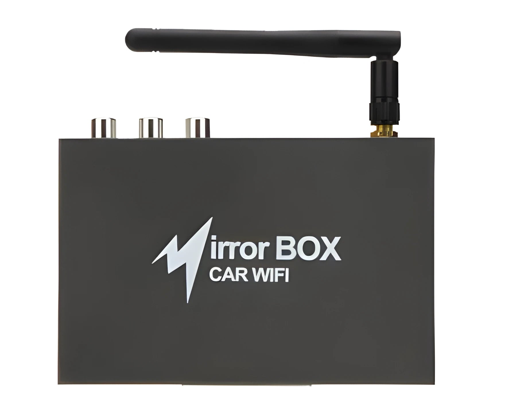 Black car mirror link box host unit with connecting AV cable, power cable, and antenna.