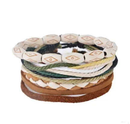 Hand-woven leather bracelet with wooden beads and adjustable design for vintage punk style