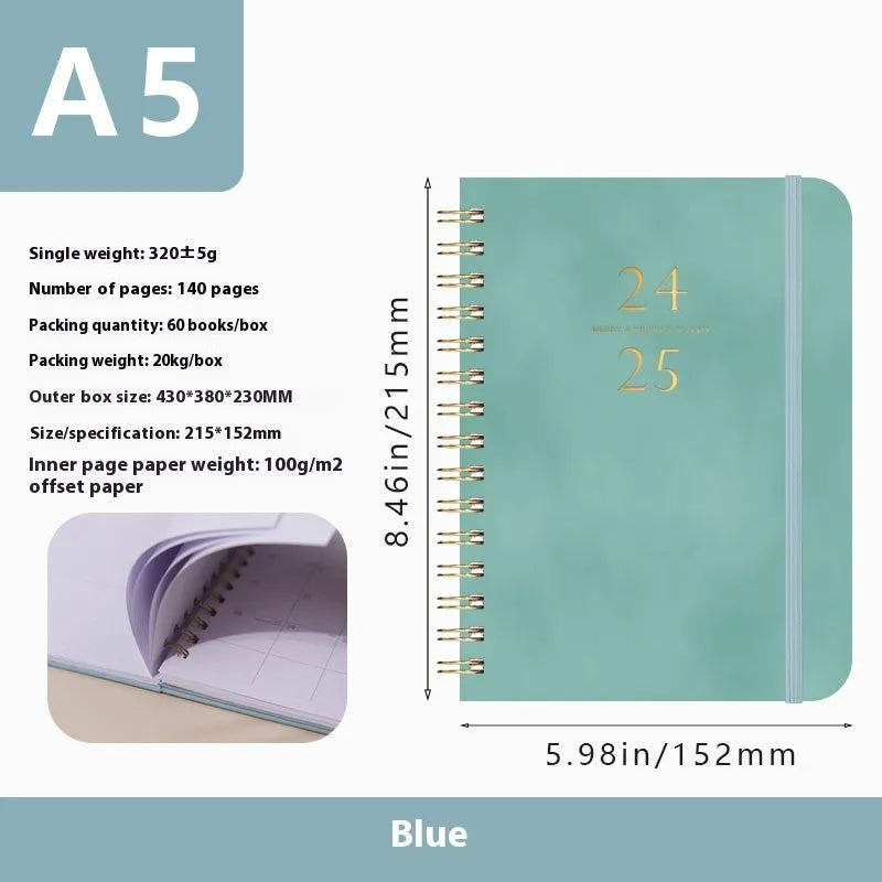 A5 leather notebook with metal coil binding in various colours including black, blue, and green.