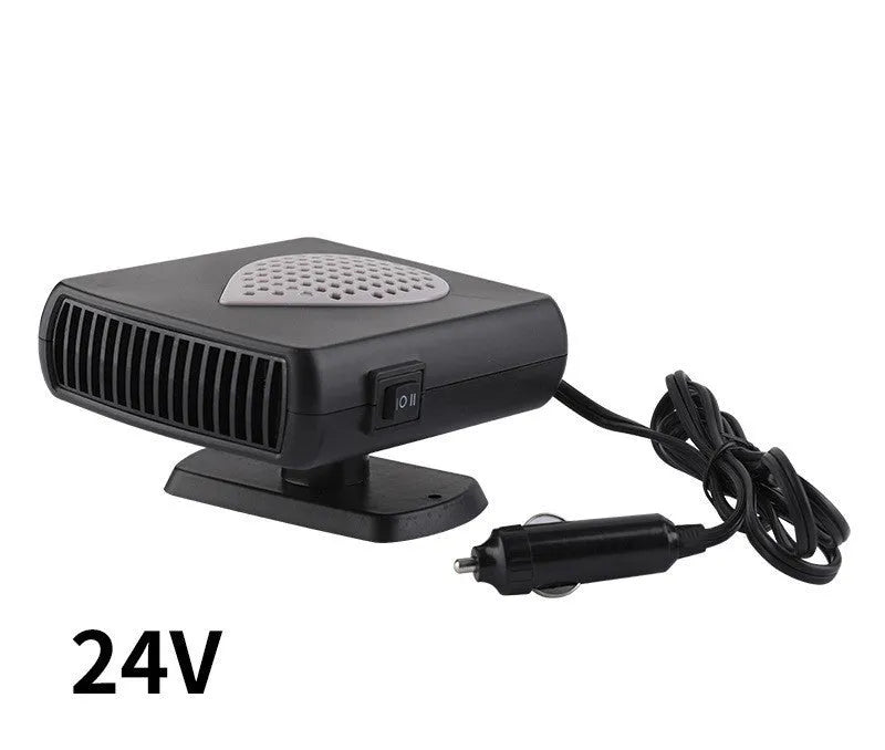 Car demister and defroster with quick-heat fan, 150W, 12V or 24V, black and red or black and grey.