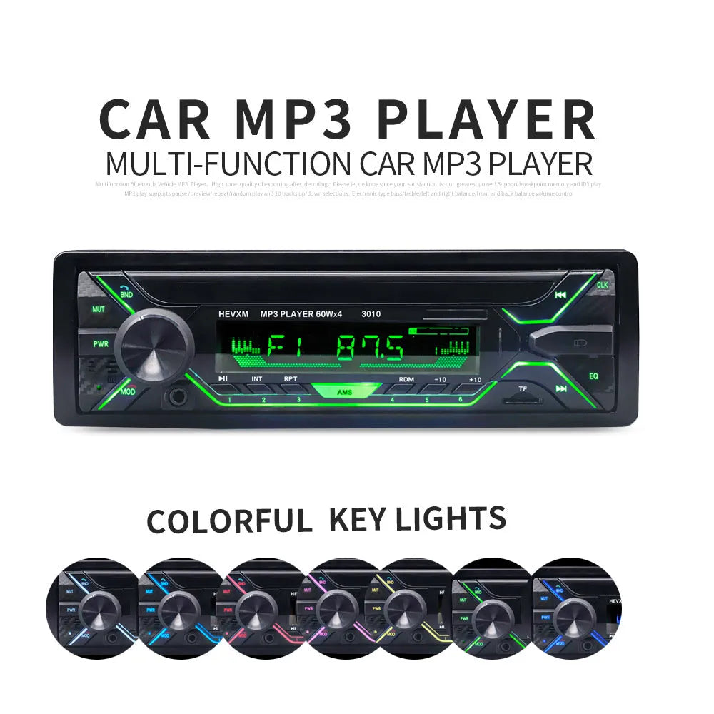 Front view of a black car stereo with LCD display, USB port, buttons, and rotary volume knob.