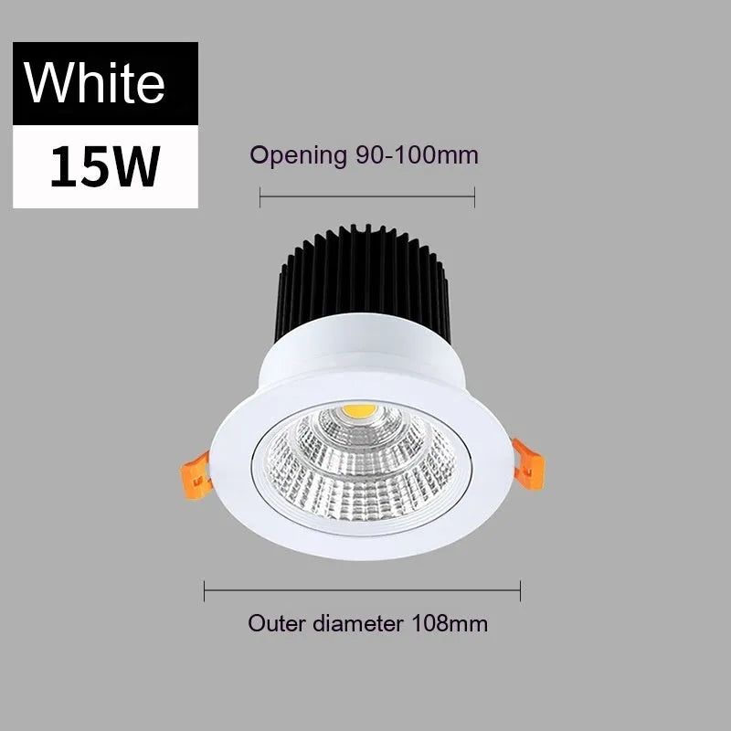 White aluminium embedded LED ceiling spotlight with anti-glare design showing three colour temperature options