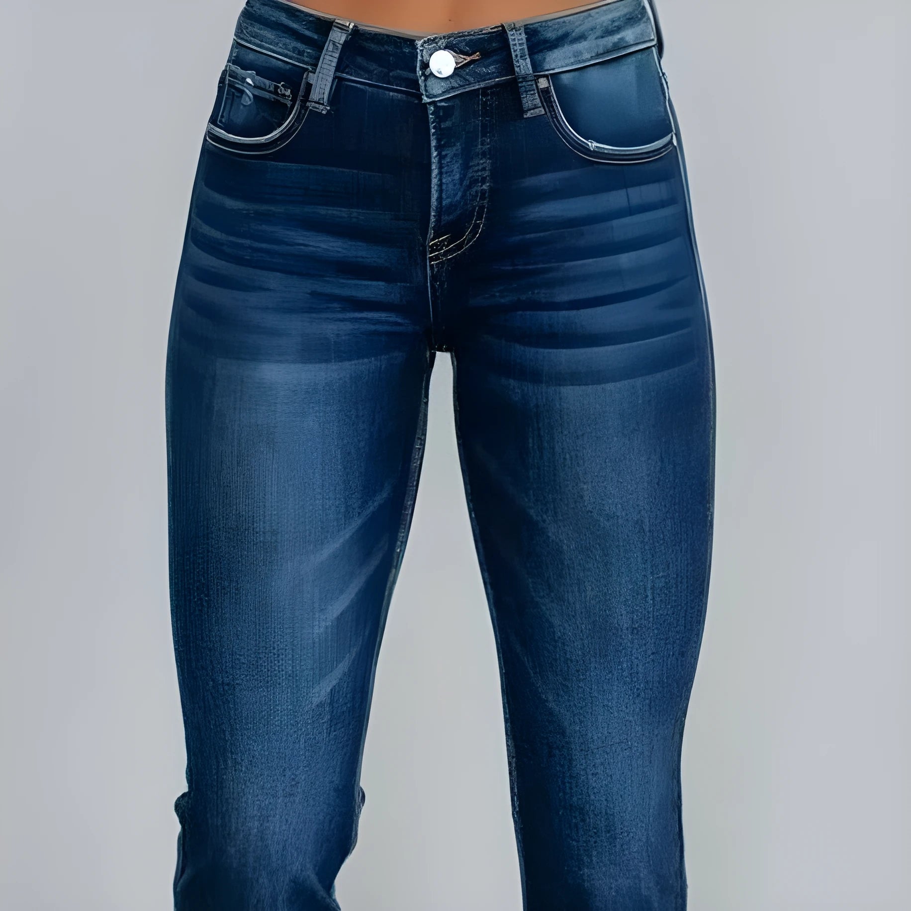 Women's solid dark blue denim casual pants with a hand-worn finish on a hanger.