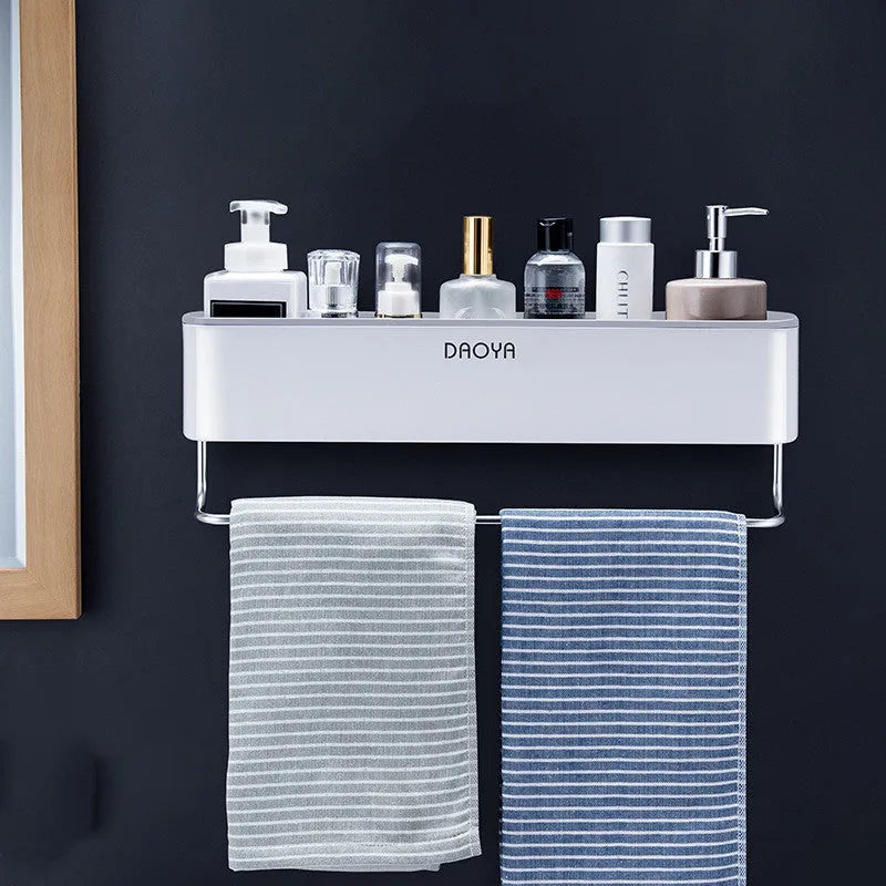 Plastic bathroom wall shelf unit with hole-free installation in black or grey