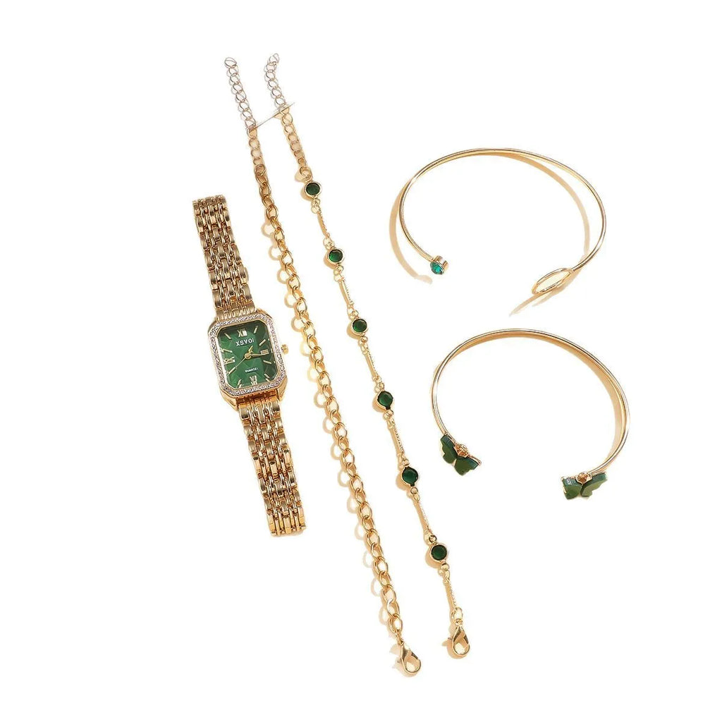 Gold green square steel watch with four matching alloy bracelets laid out as a complete gift set